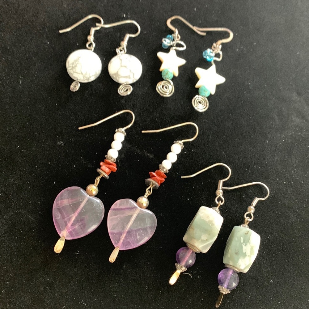 Four Pairs of Handmade Stone Beaded Dangle/Drop Earrings